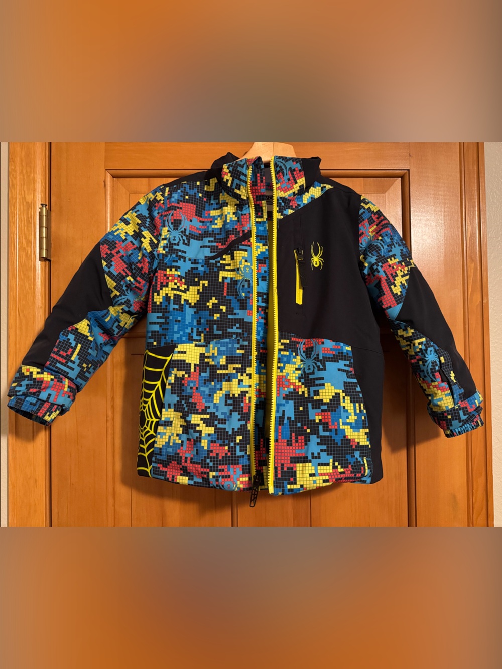 Spyder Kids Pixel Print Jacket in Blue, Yellow, Red, Black